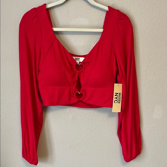 MADDEN NYC Tops - Red Long Sleeve Crop Top with Built In Cups